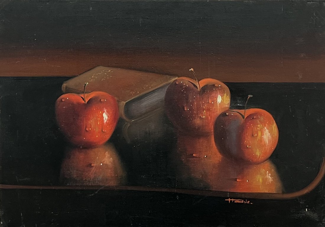 Still Life Painting Of Apples & A Book, Signed: Oil on canvas 27 x 19 in