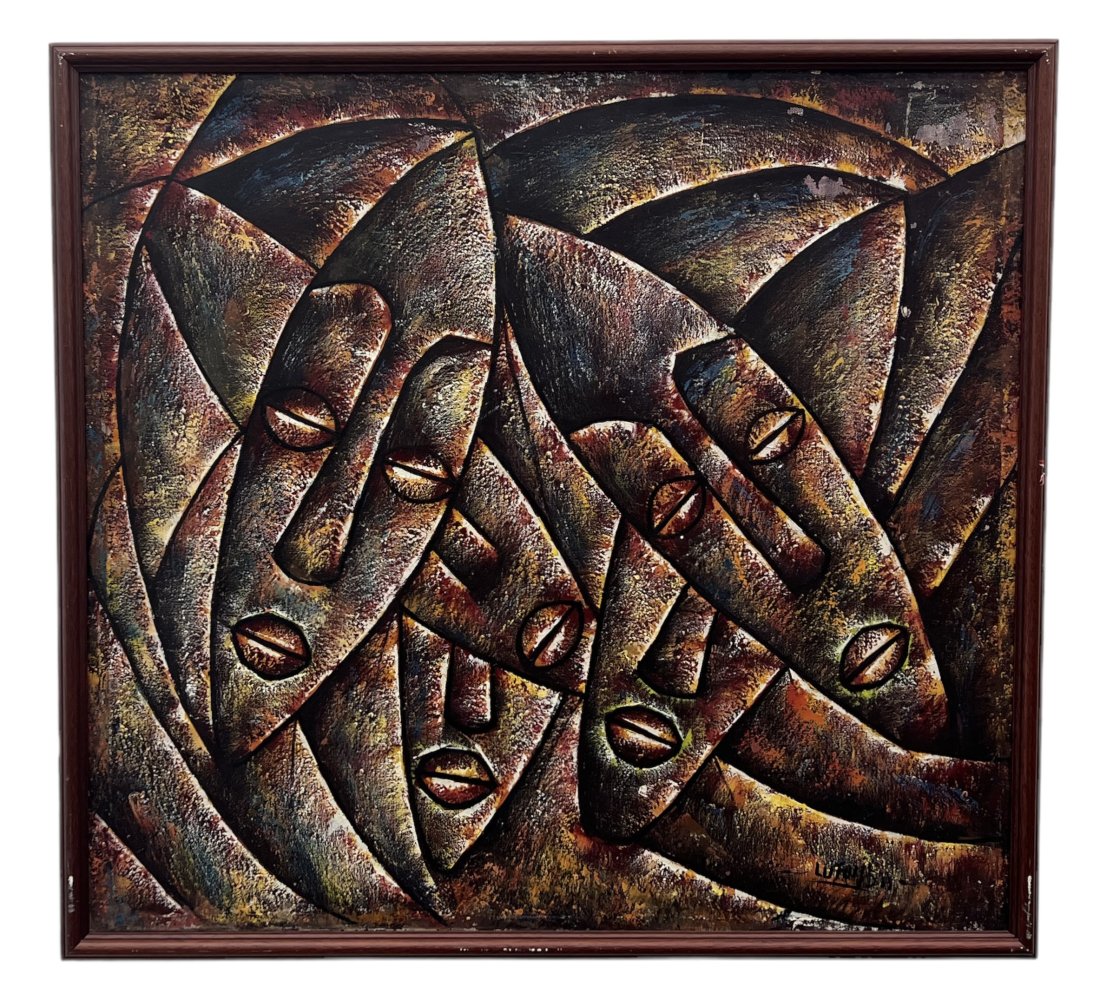 Latin American Cubist Abstract Of Figures, Signed: Oil on canvas 39 x 36 in