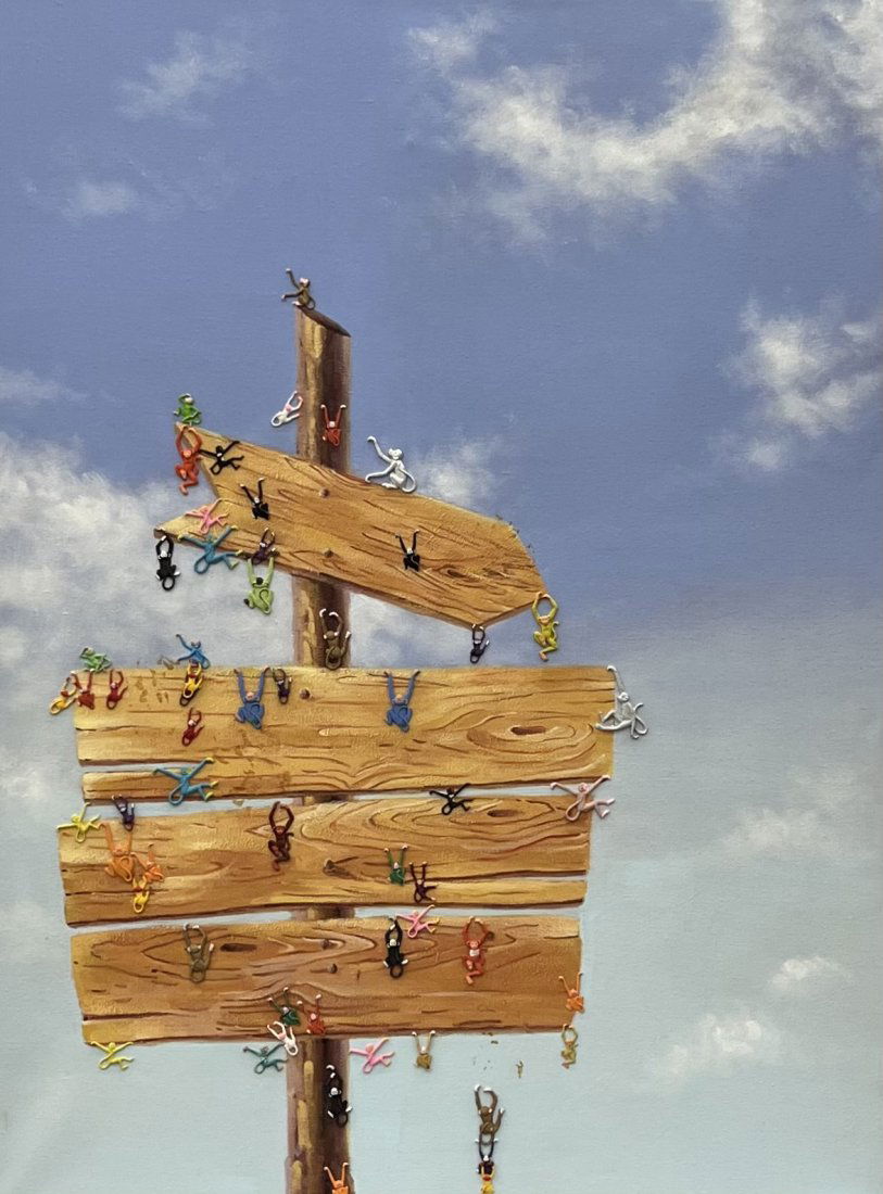 Oil And Collage Of Monkeys Climbing A Sign , Unknown Artist (1 of 4)