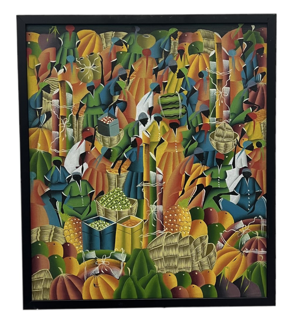 Colorful Haitian Modernist Painting, Signed: Oil on canvas 24 x 21 in