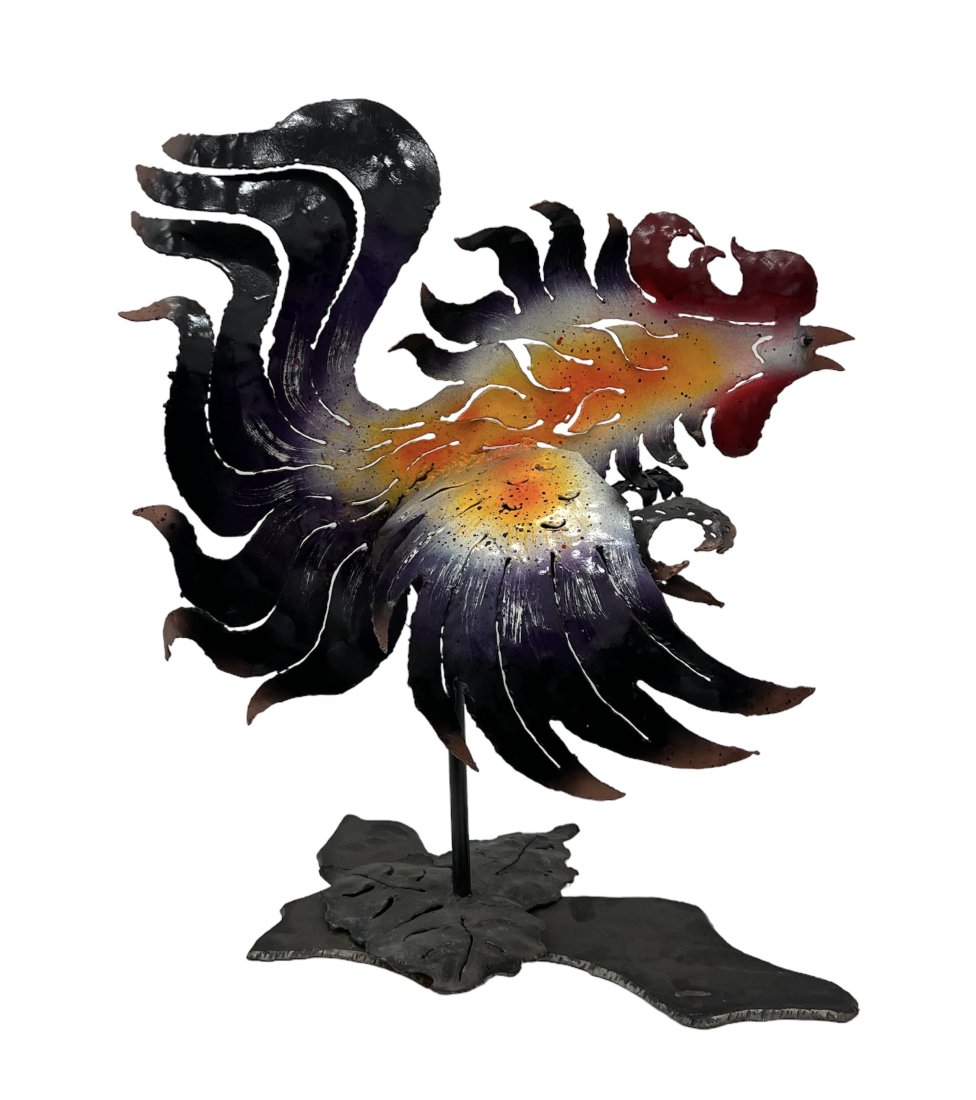 Metal Polychrome Rooster Sculpture: 23 x 20 x 12 in