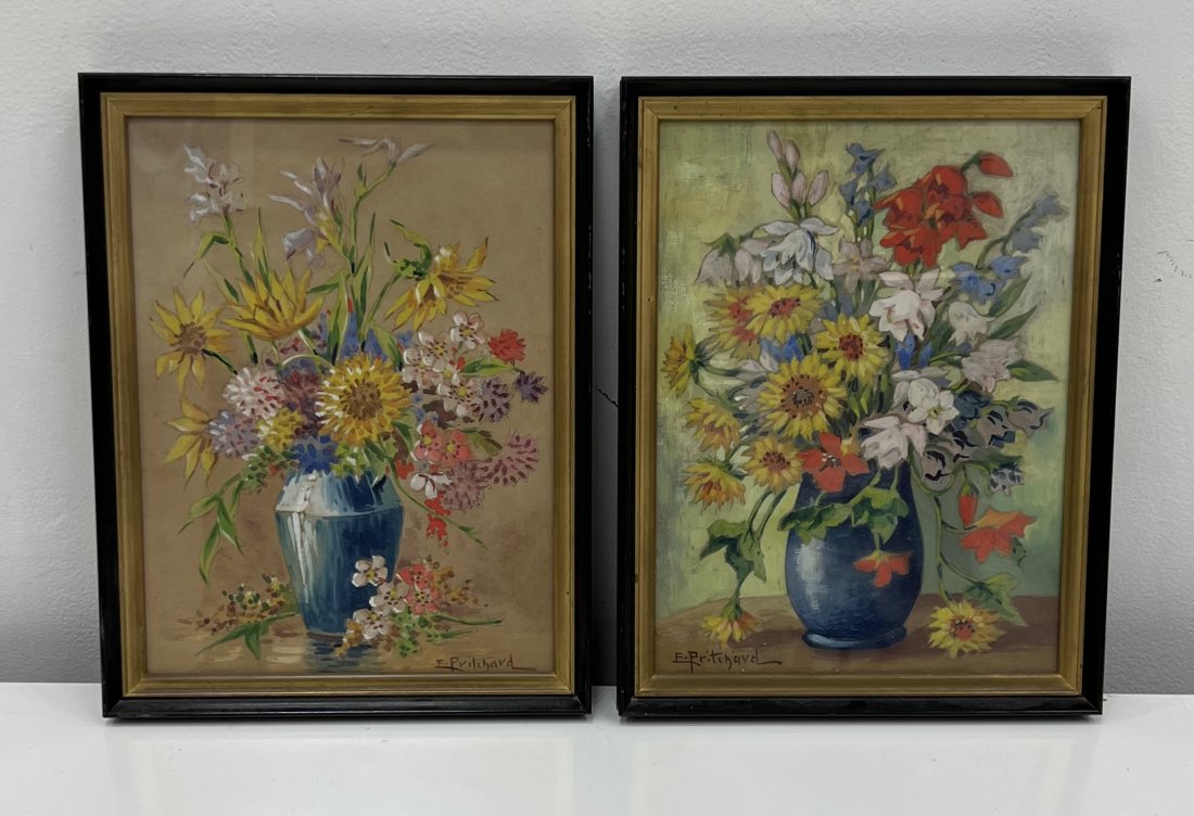 Pair Of French Still Life Flower Paintings, Signed: Gouache on paper 13 x 10 in each