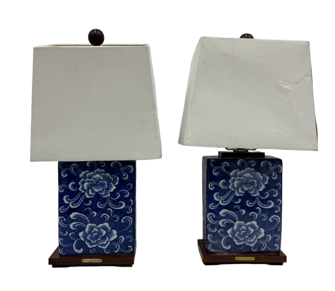 Pair Of Ralph Lauren Blue & White Porcelain Table Lamps, Marked: Size 18 x 6 x 4 in
