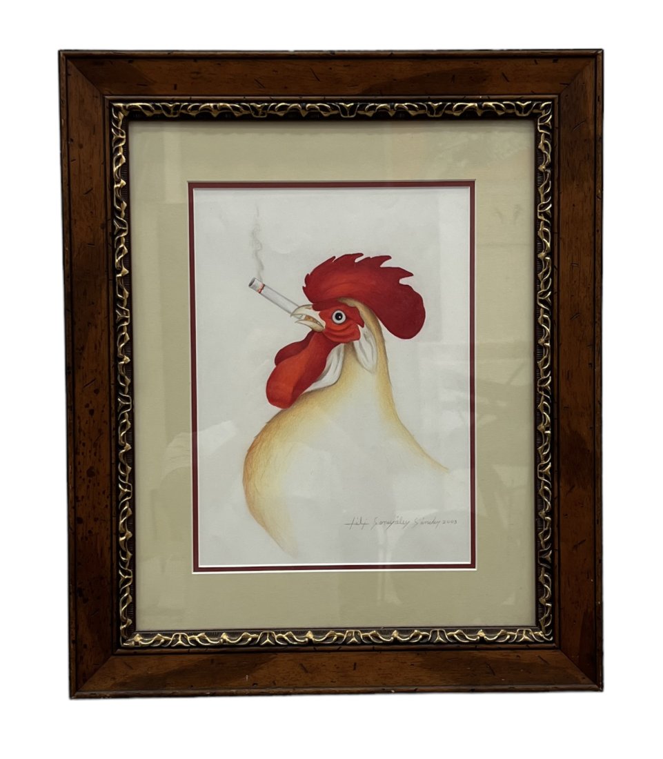 Smoking Rooster Painting, Signed: 14 1/2 x 10 1/2 in, 24 1/2 x 20 1/2 in (framed)