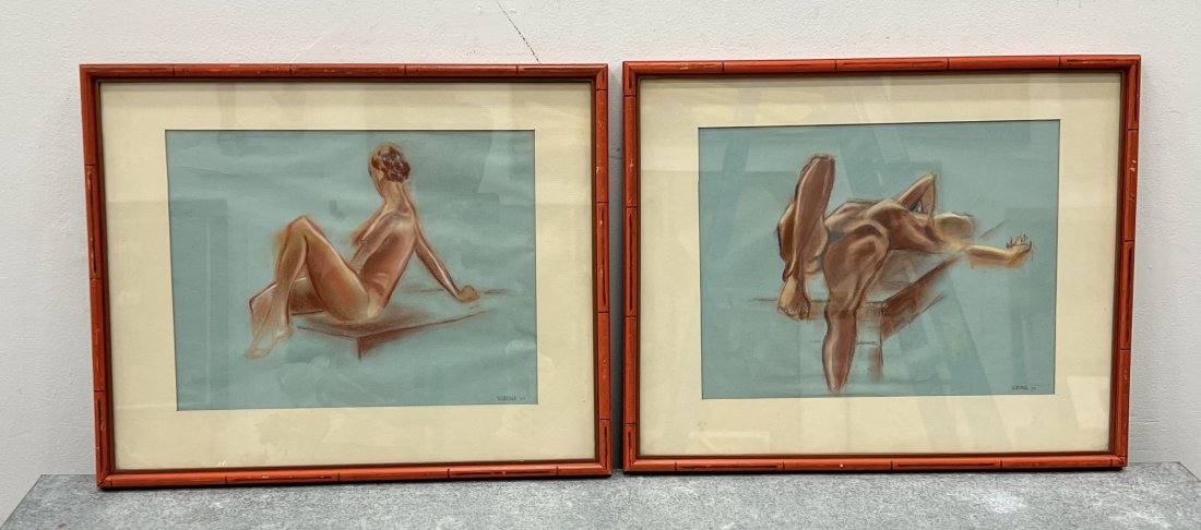 Pair Of 1970's Nude Charcoal Drawings Signed Varona: Pastel on paper 21 x 17 in (framed)