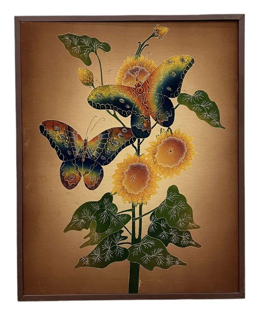 Vintage Batik Painting Of Flowers & Butterflies, Signed (1 of 3)