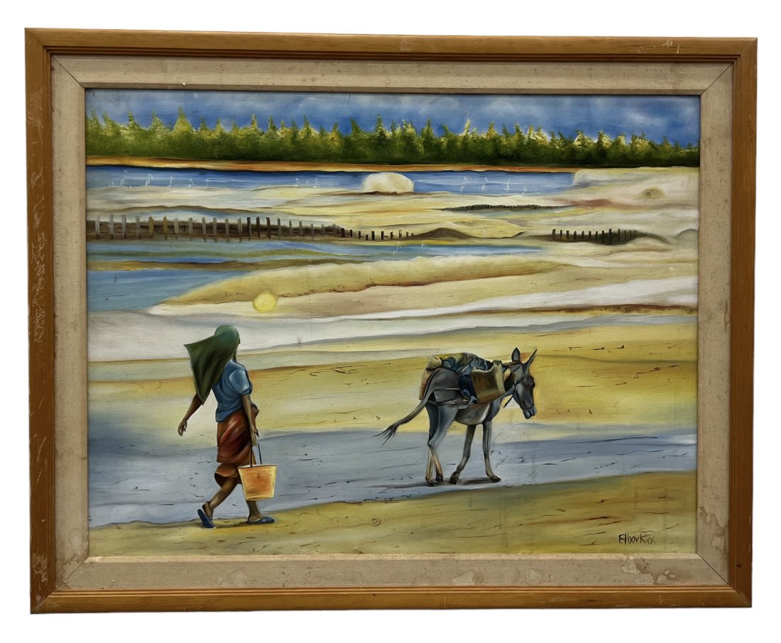 Orientalist Landscape Painting, Unknown Signature: Oil on canvas 35 1/2 x 27 in, 41 x 33 in (framed)