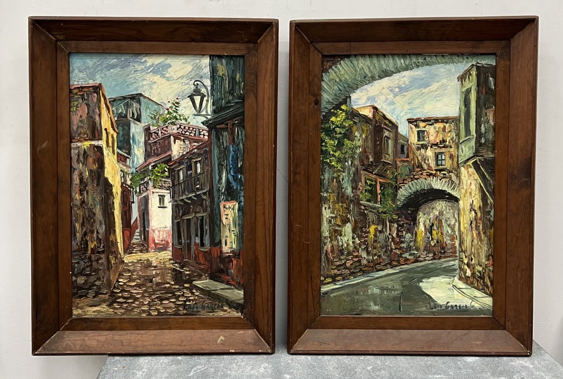 LUIS GARCIAS Pair Of Large Spanish Street Scenes: Oil on canvas 29 1/2 x 19 1/2 in, 37 x 26 1/2 in (framed)