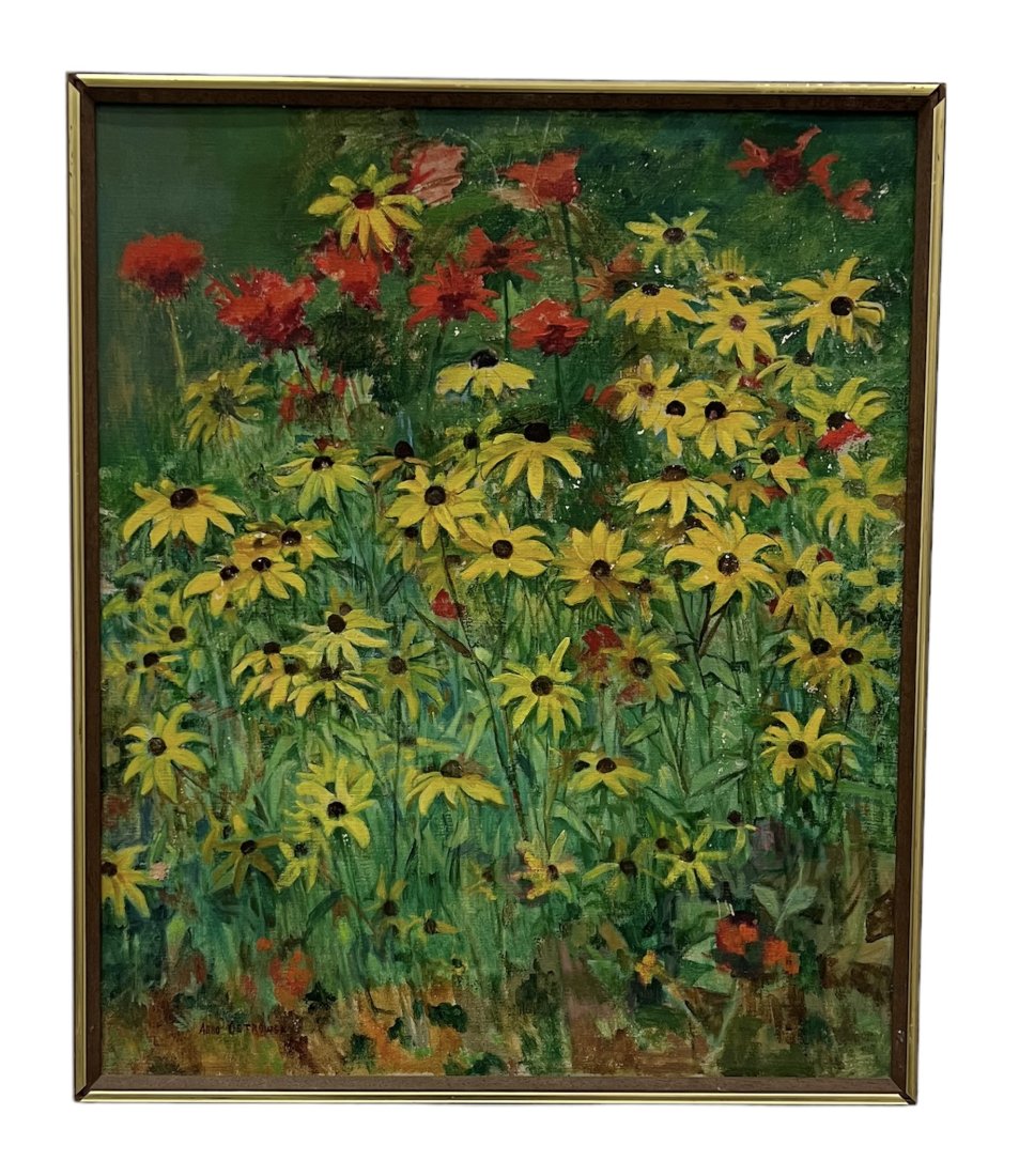 Modernist Painting Of Flowers, Signed: Oil on canvas 25 x 30 in
