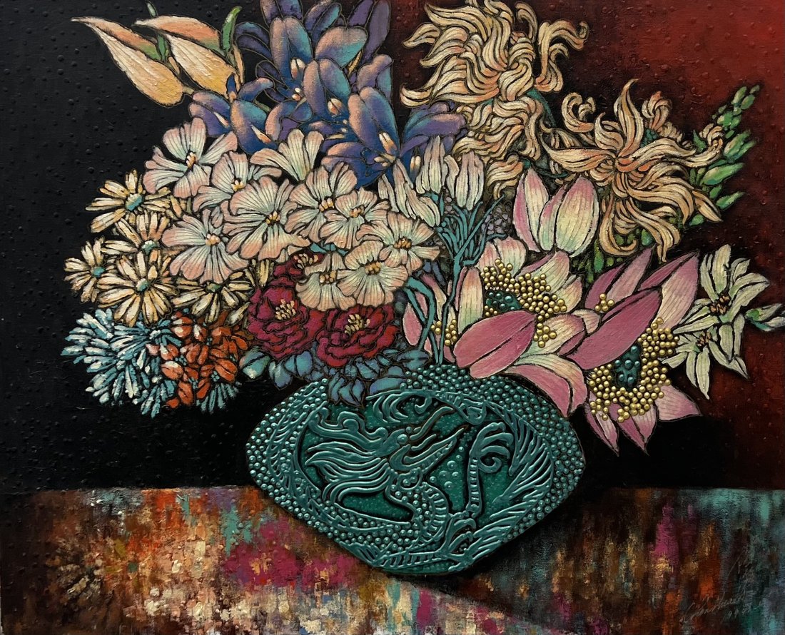 Chinese Modernist Floral Still Life, Signed Unknown Artist: Acrylic on canvas 36 x 29 in