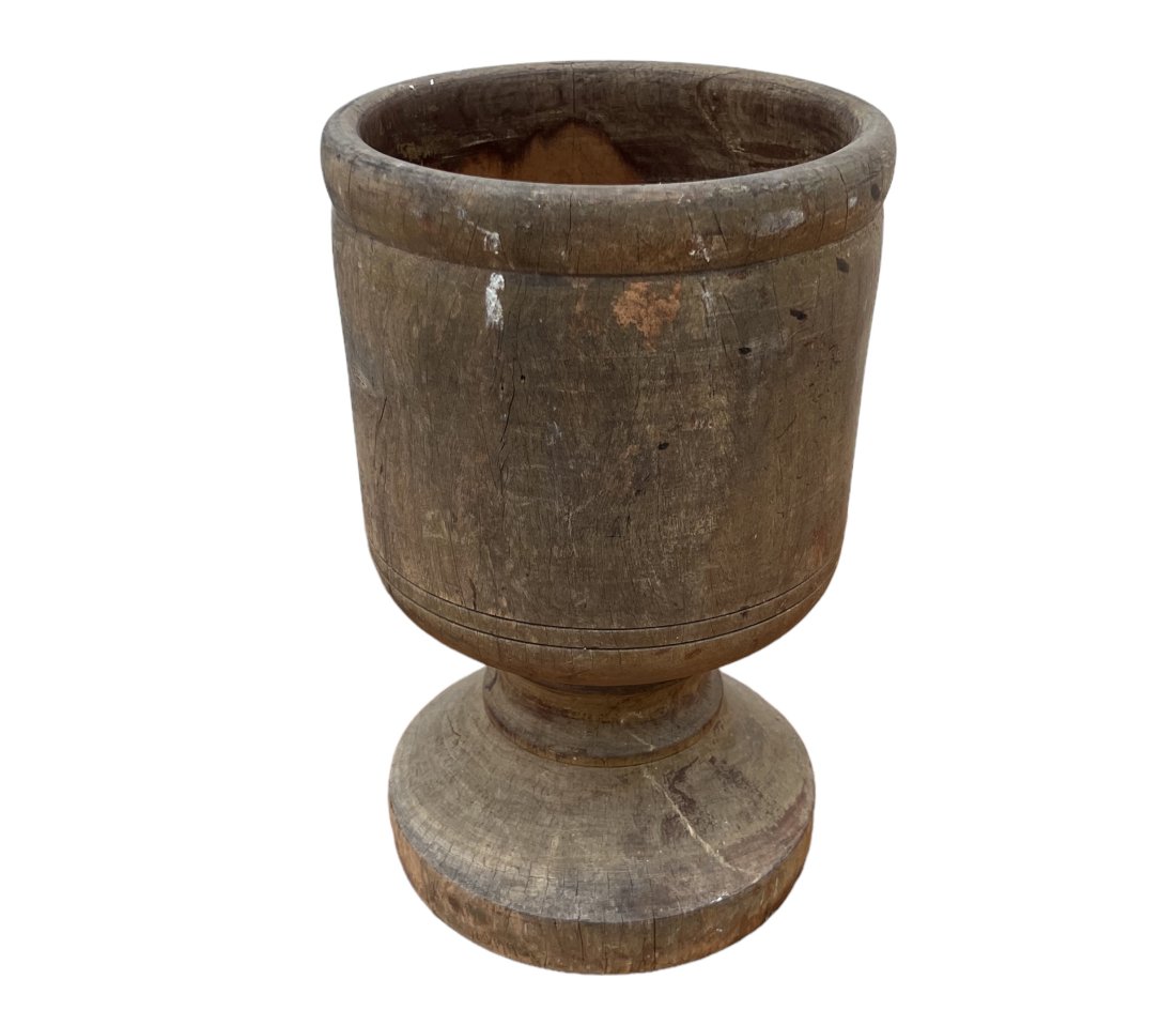 Antique Wood Mortar: 11 1/2 x 7 in