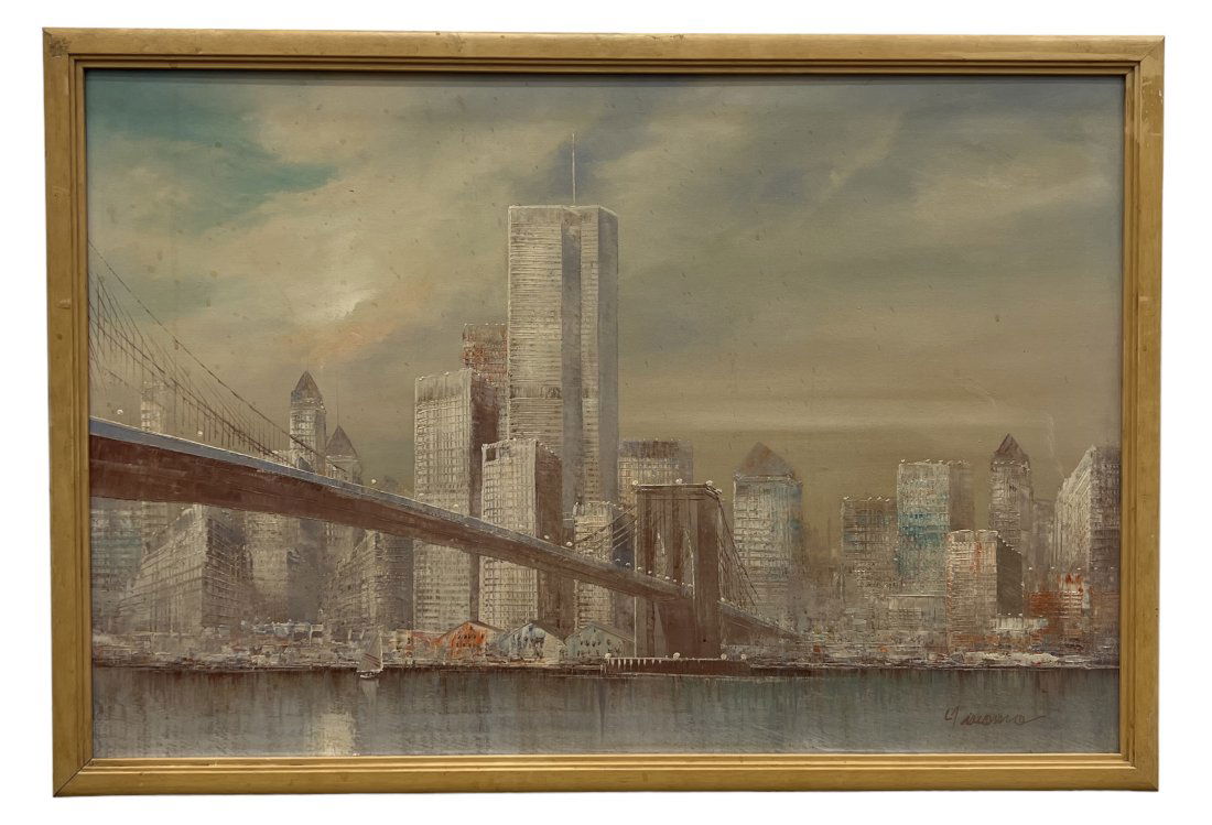 Vintage Painting Of The Brooklyn Bridge, NYC & The Twin Towers, Signed (1 of 3)