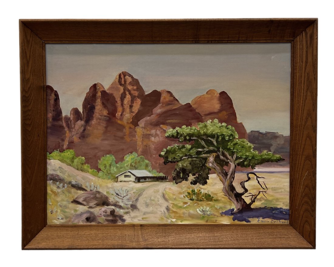 EMILIE ORCHARD (20th c, Oregon) Idaho Desert Landscape: Oil on board 24 x 18 in, 27 1/2 x 21 1/2 in