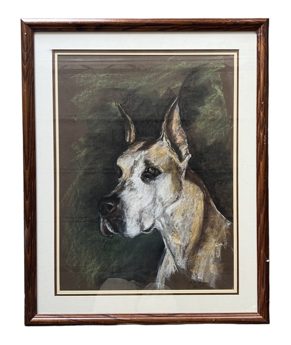 1980's Pastel Portrait Of A Great Dane, Illegible Signature: Pastel on paper 24 x 18 in, 32 x 26 in (framed)