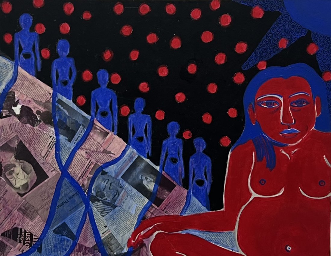 Modernist Oil & Collage Of A Nude Woman, Unknown Artist: 28 x 22 in