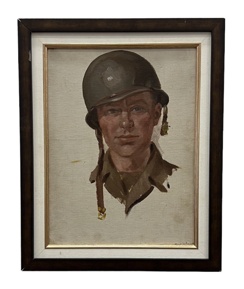 Period Illustration Of A WWII Soldier 1945: Oil on board 12 x 16 in, 16 x 20 in