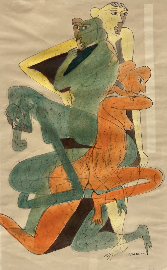 GEORGETA GIGI ARAMESCU (1910-1994, Romanian American) Cubist: Mixed media on paper 23 x 14 1/2 in. Georgeta (Gigi) Aramescu Anderson was born in Romania in 1910. She received a law degree from the University of Grenoble, France, and studied art at the Art Studen