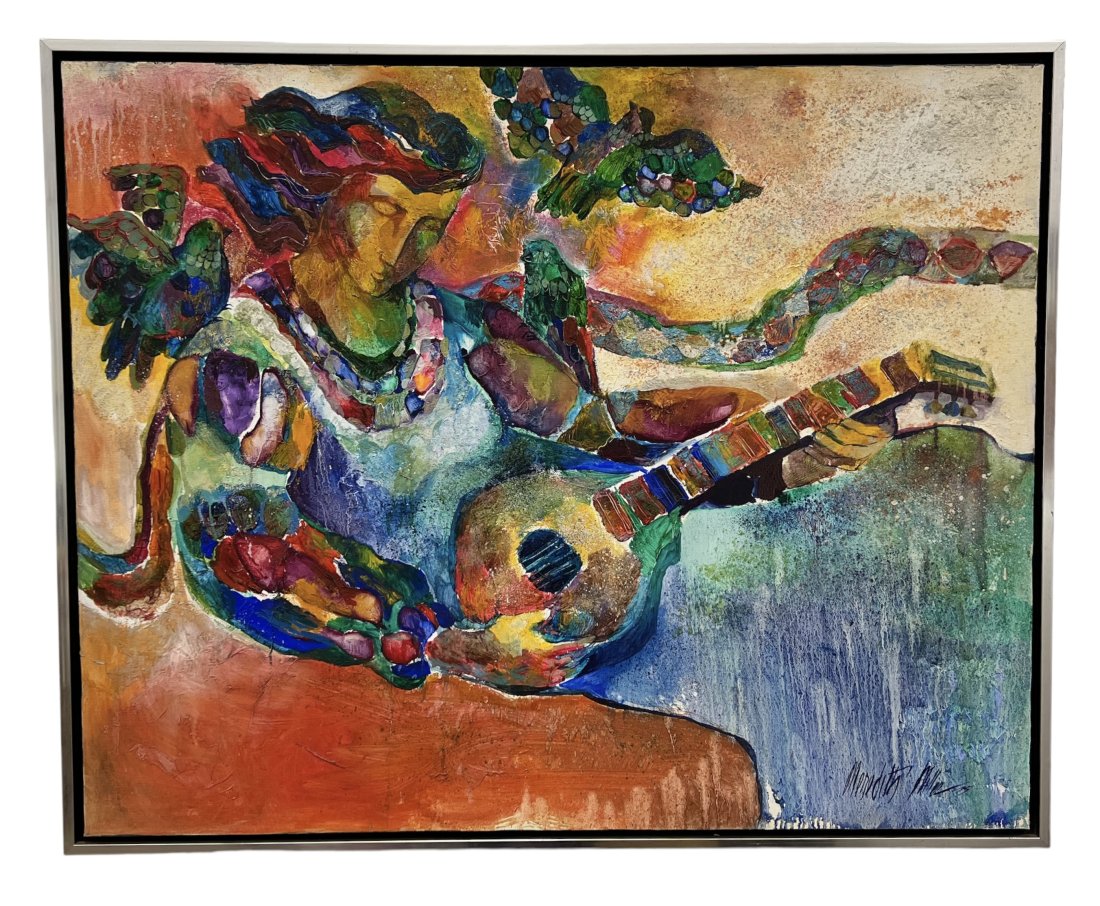 MEREDITH MILLER (1946-2021, American) Guitar Player: Oil on canvas 50 x 40 in, 52 x 42 in (framed). Meredith painted in the Impasto style of painting; a thick layering-on technique that piles on paint giving her art a striking 3-D substantiality. Not on