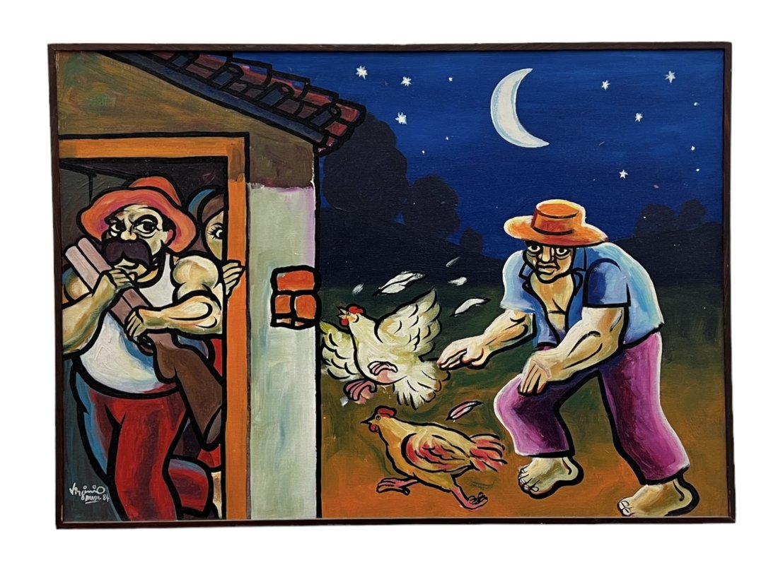 Brazilian Folk Art Painting, The Chicken Stealer 1984 (1 of 3)