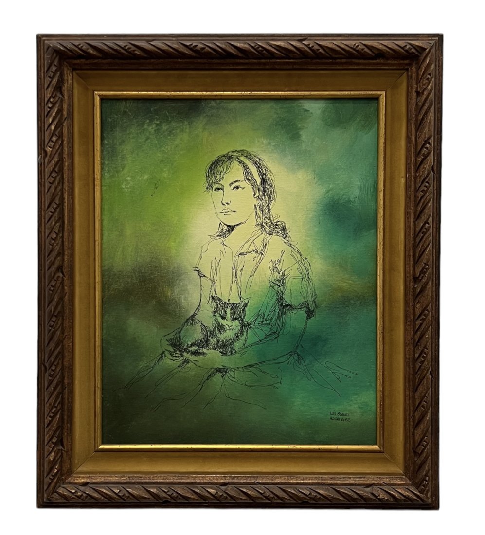 LUIS CARLOS RODRIGUEZ (20th c, Cuban) Girl & Cat: Oil on canvas 20 x 16 in, 27 x 23 in (framed)