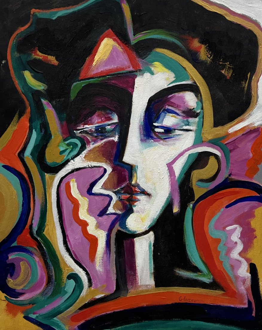 Post-Modernist Portrait Signed Glazer: Oil on canvas 16 x 20 in