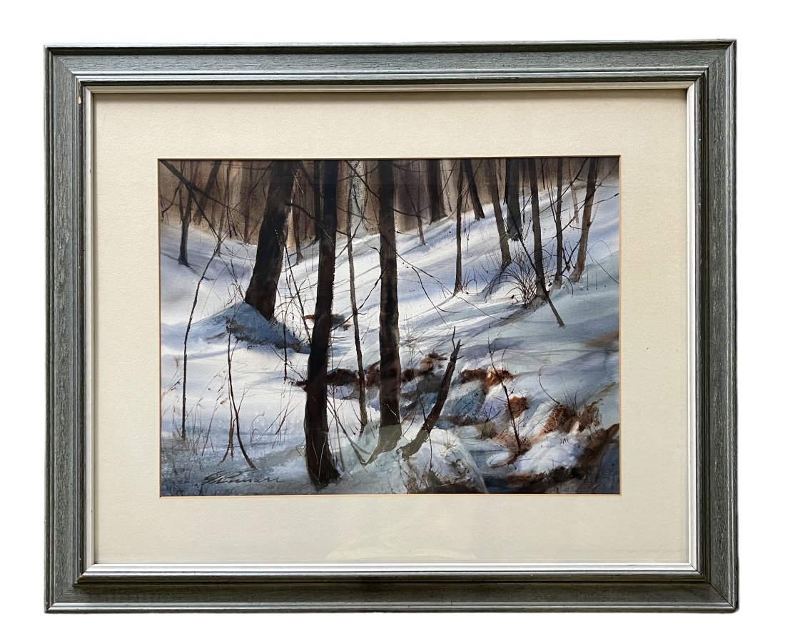 Impressionist Winter Landscape Watercolor Illegible Signature: Watercolor on paper 23 x 16 1/2 in, 34 1/2 x 28 1/2 in (framed)