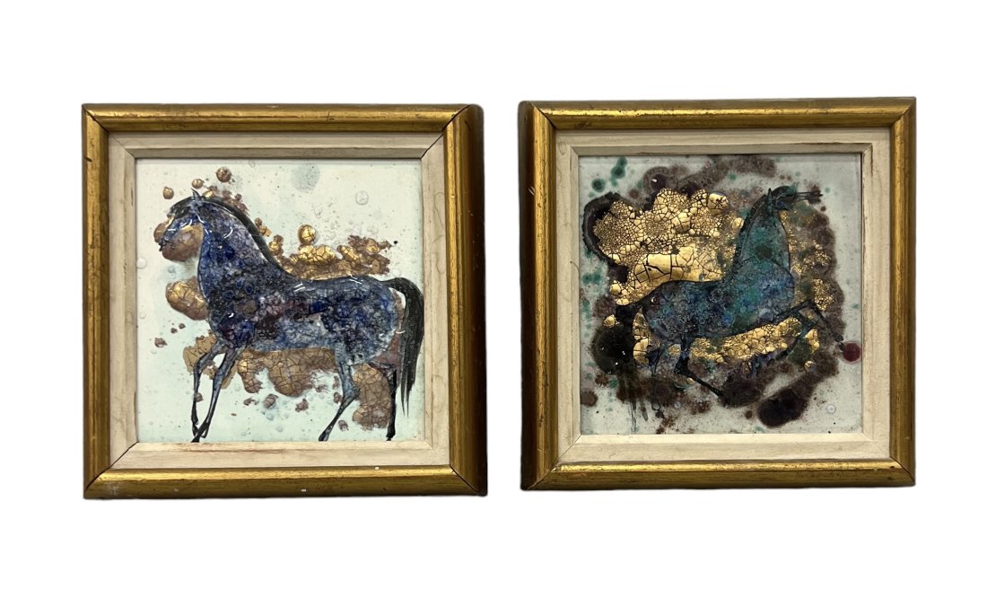 Pair Of Enameled Tiles By Jean Nilson, Horse Motif: 8 x 8 in,