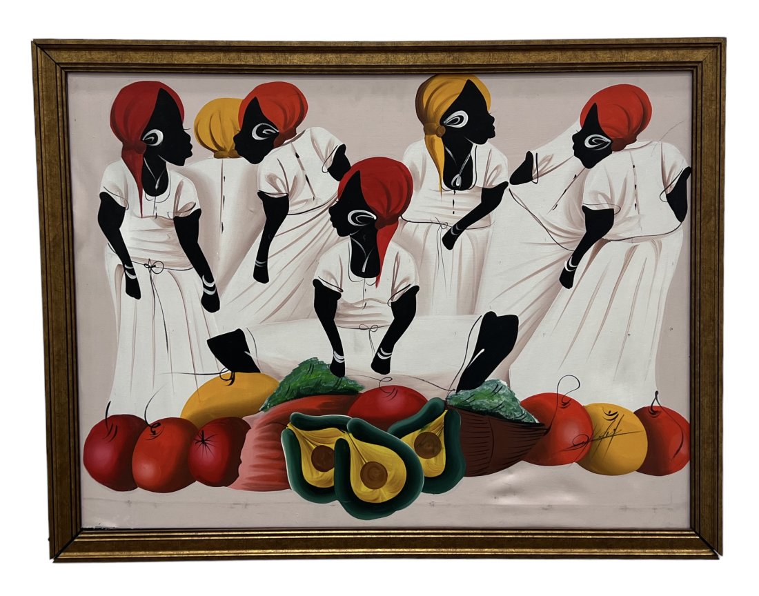 Haitian Painting With Figures, Signed: Oil on canvas 43 x 33 in (framed)