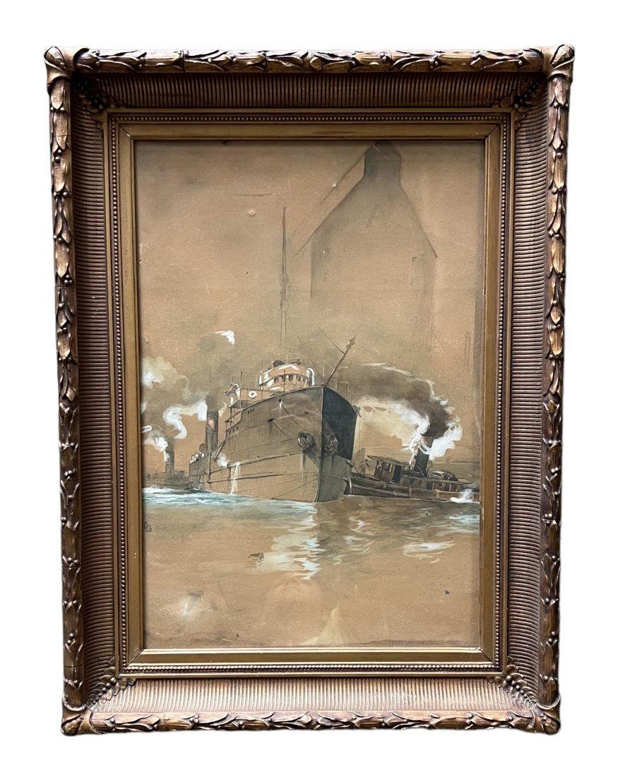 19th Century Watercolor Of Steamboats In Harbor, Signed: 22 x 15 in, 28 1/2 x 21 1/2 in (framed)