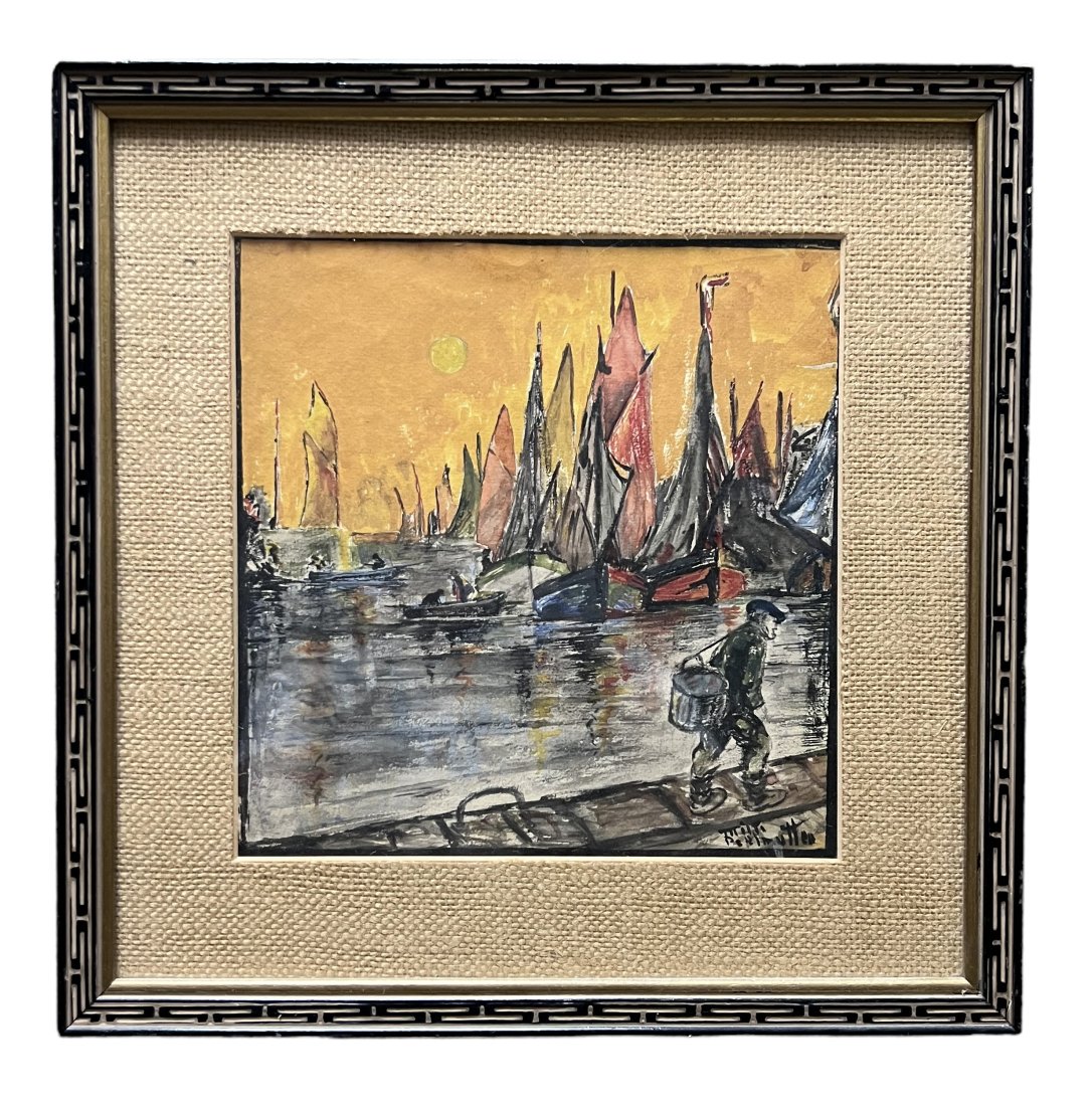 European School Harbor Scene Signed Perlmutter: Watercolor on paper 14 x14 in