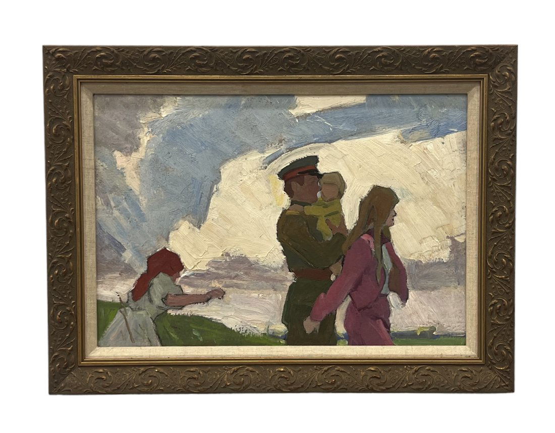 Soviet Impressionist Genre Painting Of A Soldier & His Family, Unsigned (1 of 2)