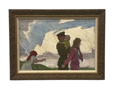 Soviet Impressionist Genre Painting Of A Soldier & His Family, Unsigned (1 of 2)