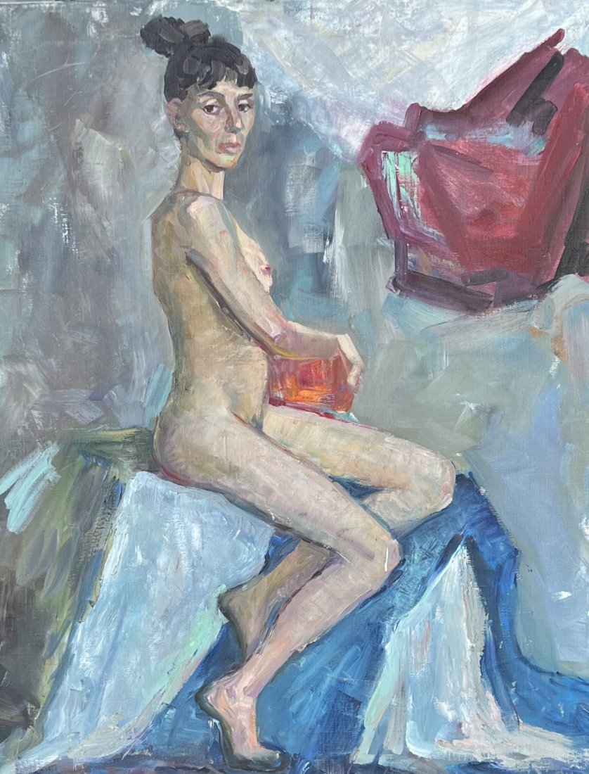 European School Impressionist Nude Portrait, Illegible Signature: Oil on canvas 36 1/2 x 27 1/2 in
