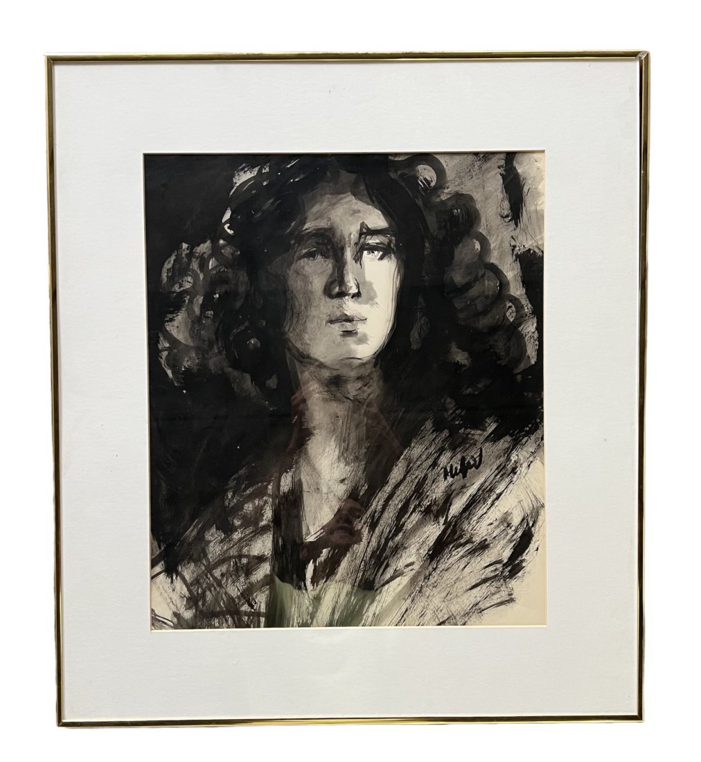 JOAN MULGEW (20th c, Dubuque Iowa) Portrait, Exhibited NYC: Mixed media on paper 18 x 15 in, 25 x 22 in. A lot of information attached to back. Telegraph Herald - Dubuque, IAJuly 29, 2006Artist remembered for creativity, enthusiasmJoan Mulgrew began painting i