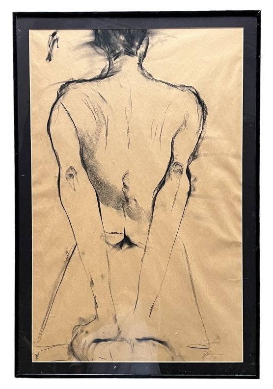 Modernist Nude Drawing Of A Figure, Illegible Signature 1991: Charcoal on paper 36 1/2 x 24 1/2 in