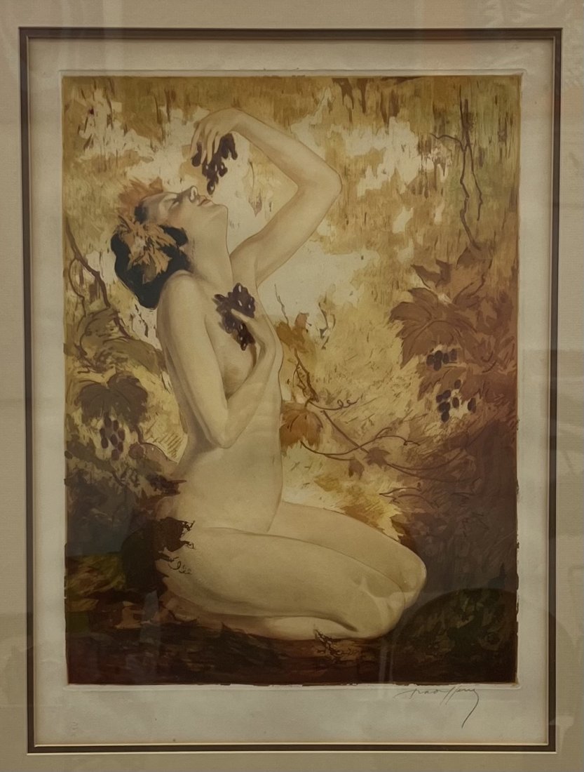 Pencil Signed Art Nouveau Nude Aquatint By Unknown Artist: 20 x 15 in, 31 x 25 in (framed)