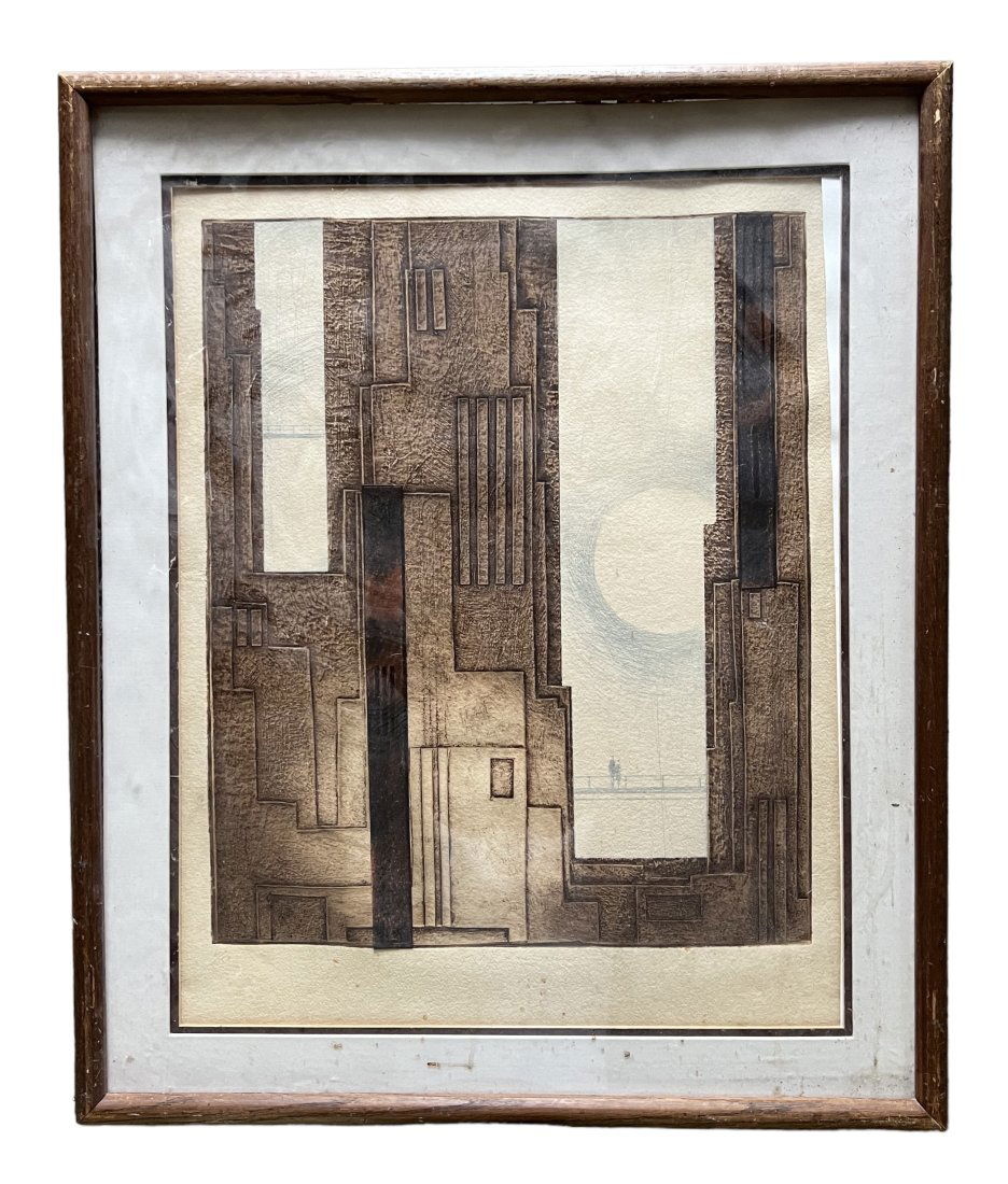 1970's Cubist Cityscape Aquatint Pencil Signed Unknown Artist (1 of 4)