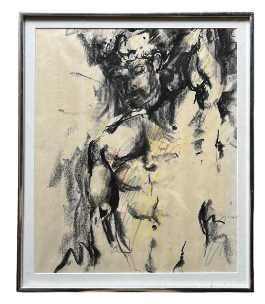 Nude Charcoal Drawing Of A Handsome Man, Signed Illegibly: 19 x 16 in