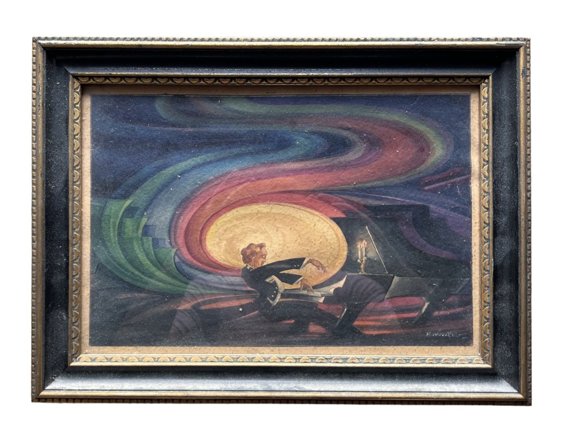 Surrealist Watercolor Of A Piano Player Signed V. Novikov: Size 12 x 16 in