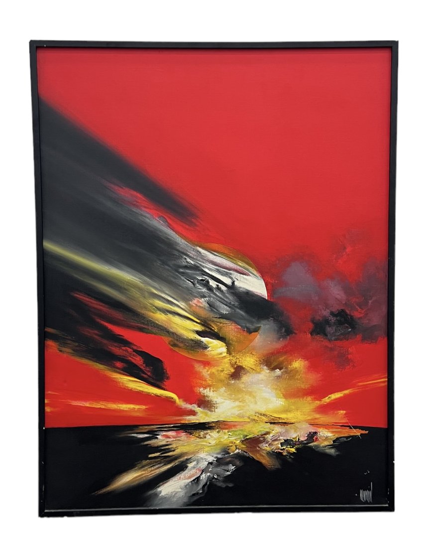 Solar Abstract Painting Signed Newman: Oil on canvas 31 1/2 x 24 1/2 in