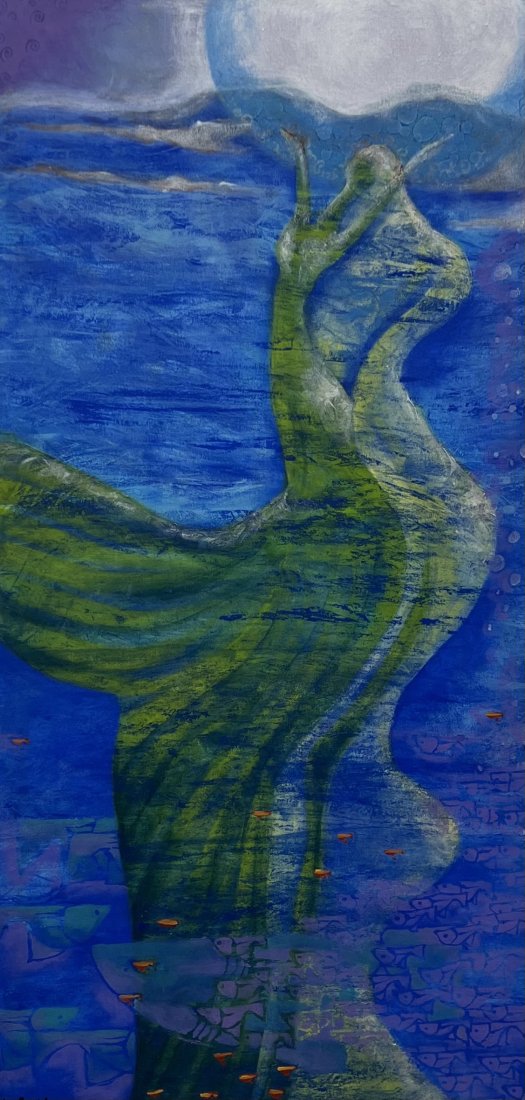 Surrealist Painting Of Embraced Figures, Signed: Acrylic on canvas 48 x 24 in