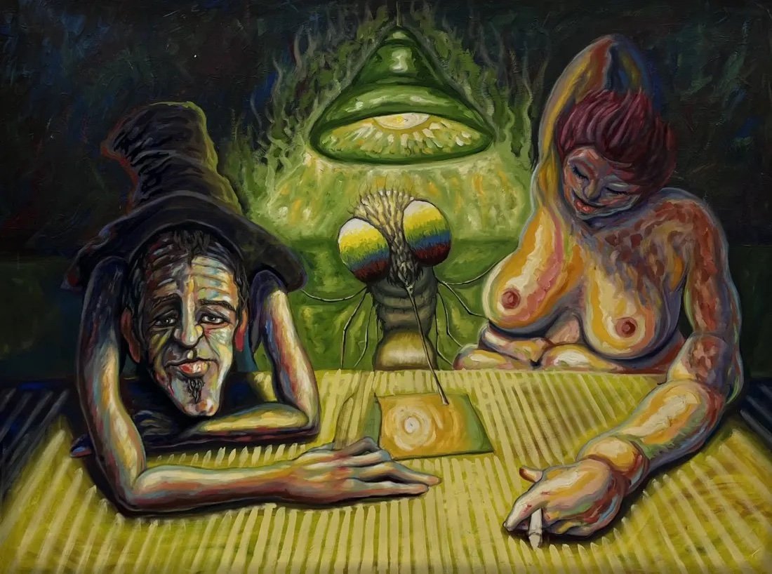Surrealist Painting Of A Man & Nude Woman Smoking: Oil on canvas 48 x 36 in