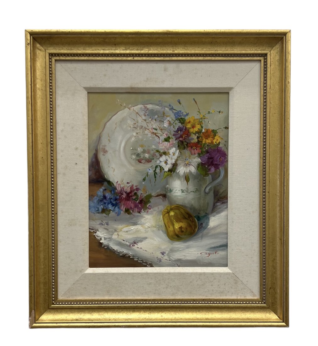 CUGAT Impressionist Still Life Painting: Oil on board 16 x 13 in, 25 1/2 x 22 1/2 in (framed)
