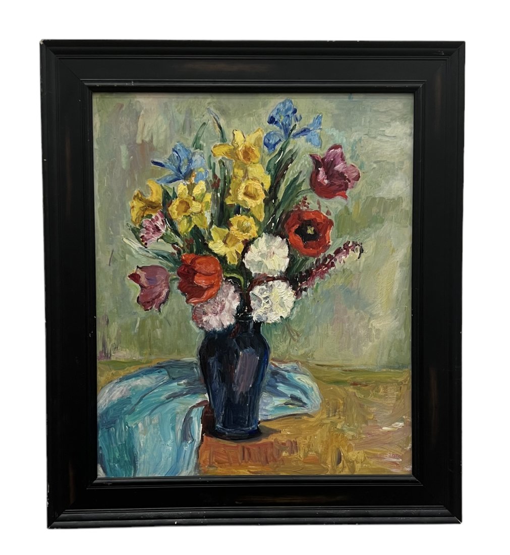 Vintage Still Life Of Flowers, Unsigned: Oil on board 30 x 26 in (framed)