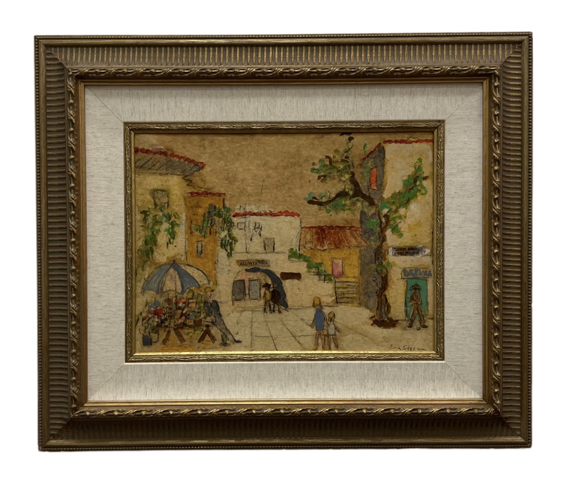 EVA STORM (20th c, American) Village Scene: Mixed media on canvas 18 x 24 in, 37 1/2 x 21 1/2 in (framed)