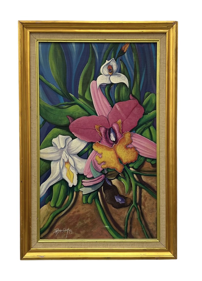 REYNALDO DURAN (20th c, Dominican Republic) Orchids: Flowers. Acrylic on canvas 30 x 18 in, 35 1/2 x 23 1/2 in (framed)