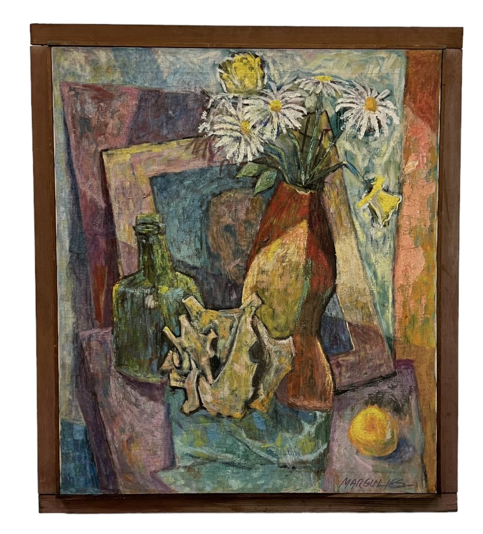 Mid-Century Cubist Still Life, Signed: Oil on canvas signed Margulies. 30 x 26 in, 33 1/2 x 29 1/2 on (framed)