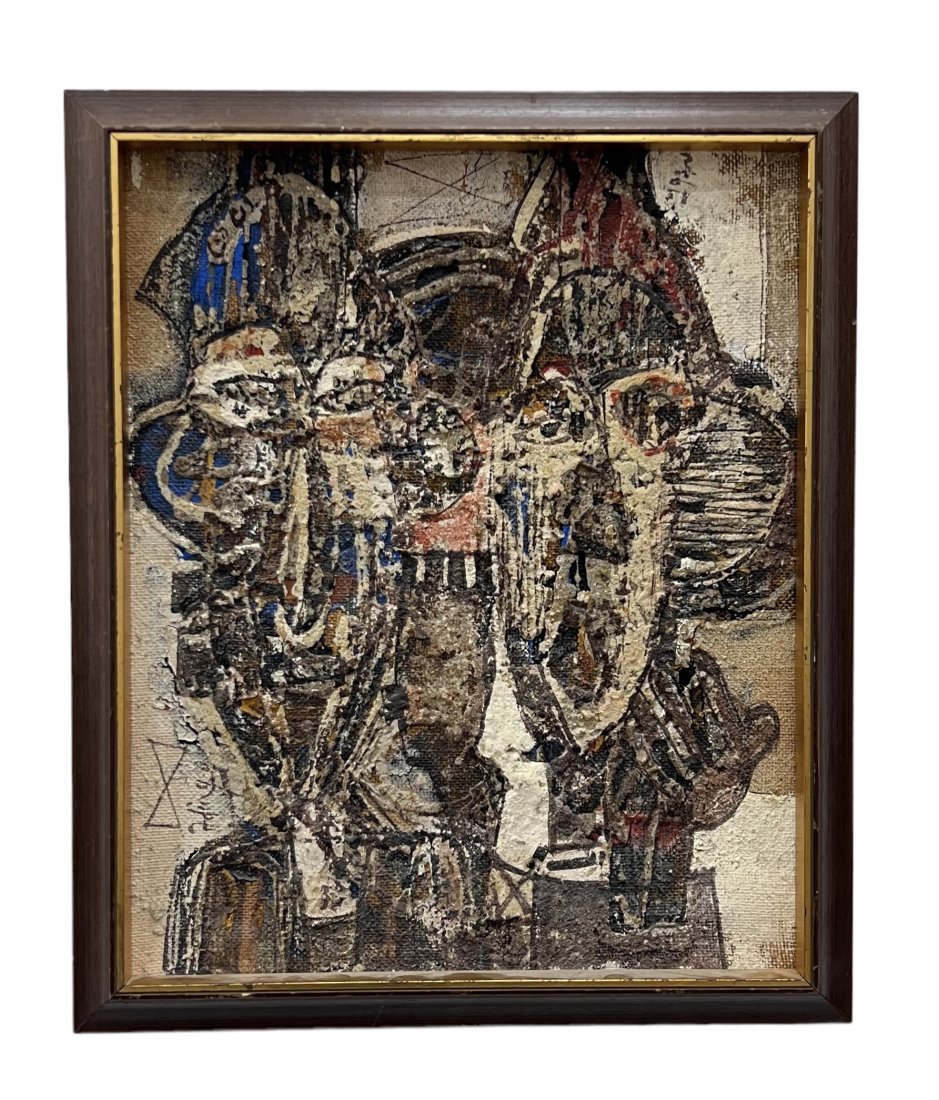 Vintage Neo-Expressionist Painting Of Figures, Signed, Unknown Artist: Mixed media on burlap 18 x 15 in, 20 1/2 x 17 in (framed)