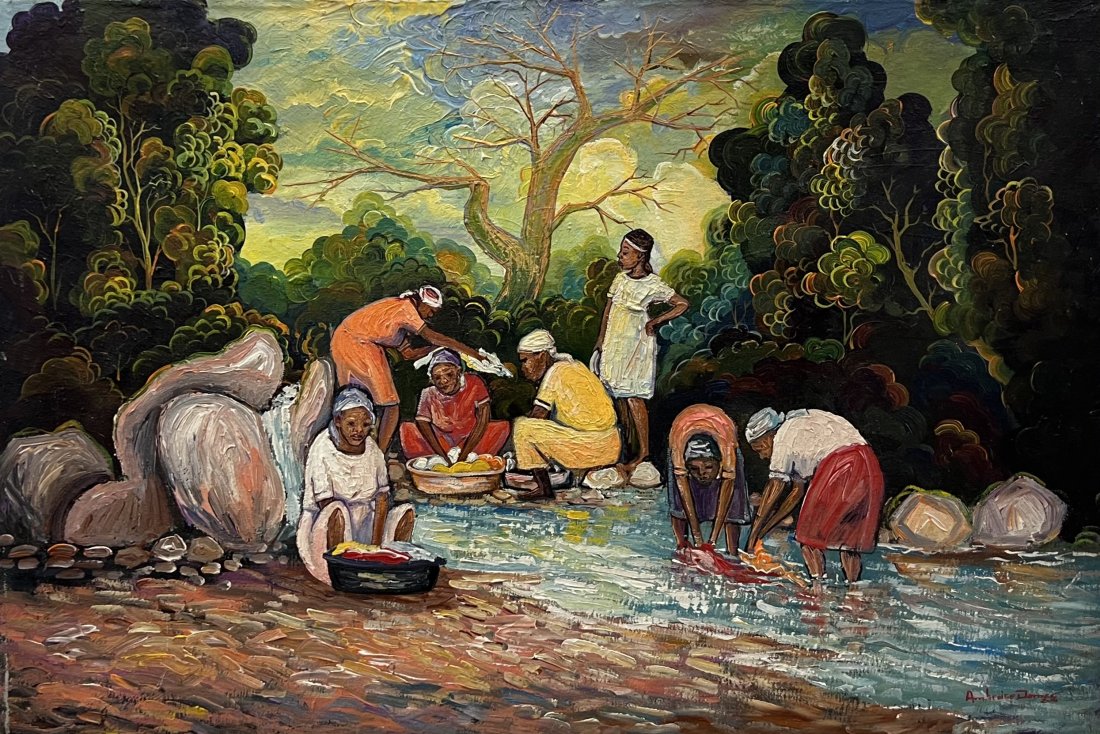 AMBROISE DOMEZ (20th c, Haiti) Working By River: Oil on canvas 30 x 20 in