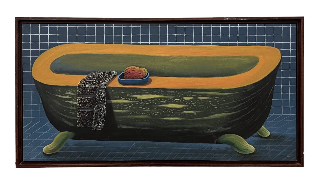 Surrealist Bath Tub Painting, Signed: Oil on canvas 36 x 18 in, 37 1/2 x 19 1/2 in (framed)